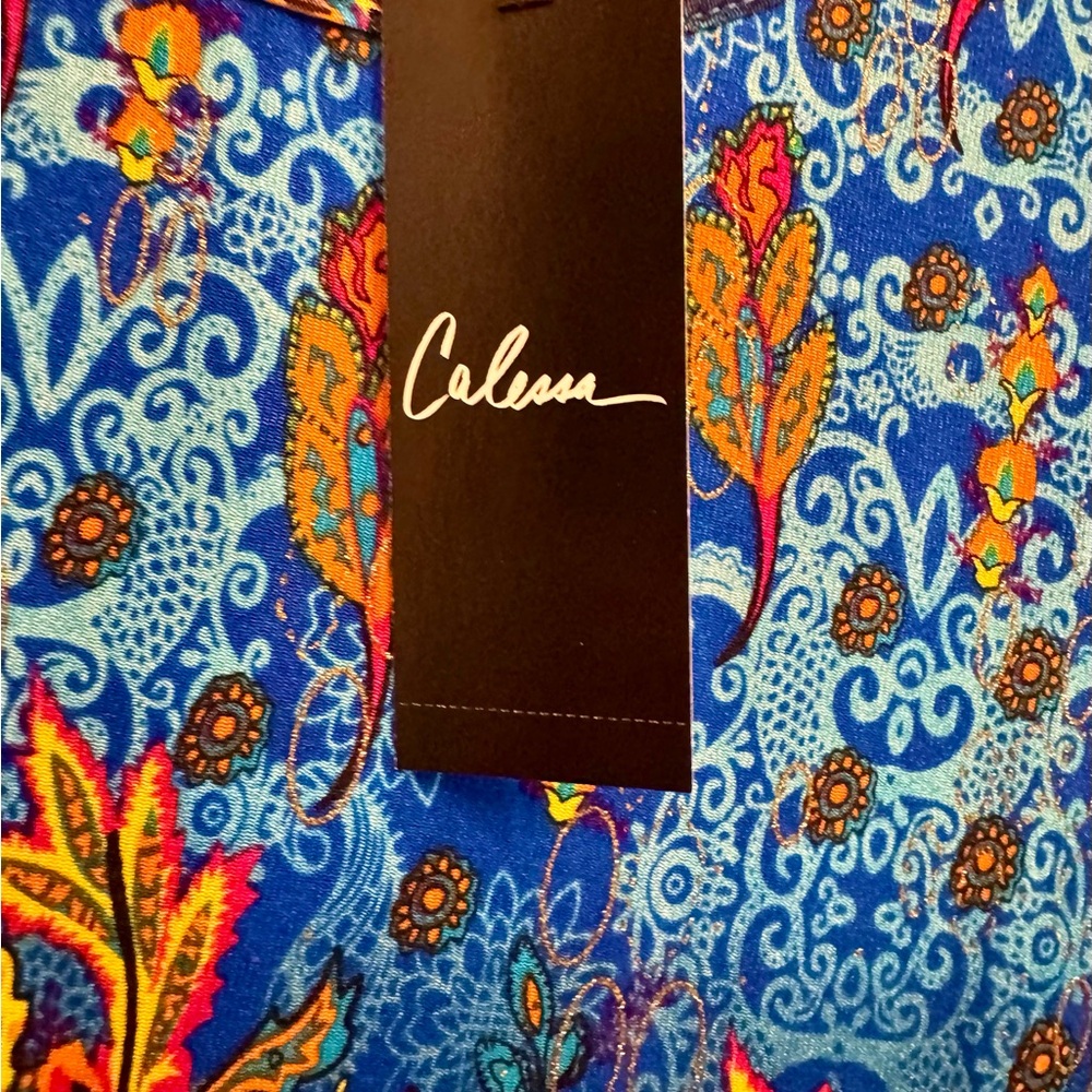 New! CALESSA Vibrant Blue and Orange Floral Blouse - Picture 12 of 15